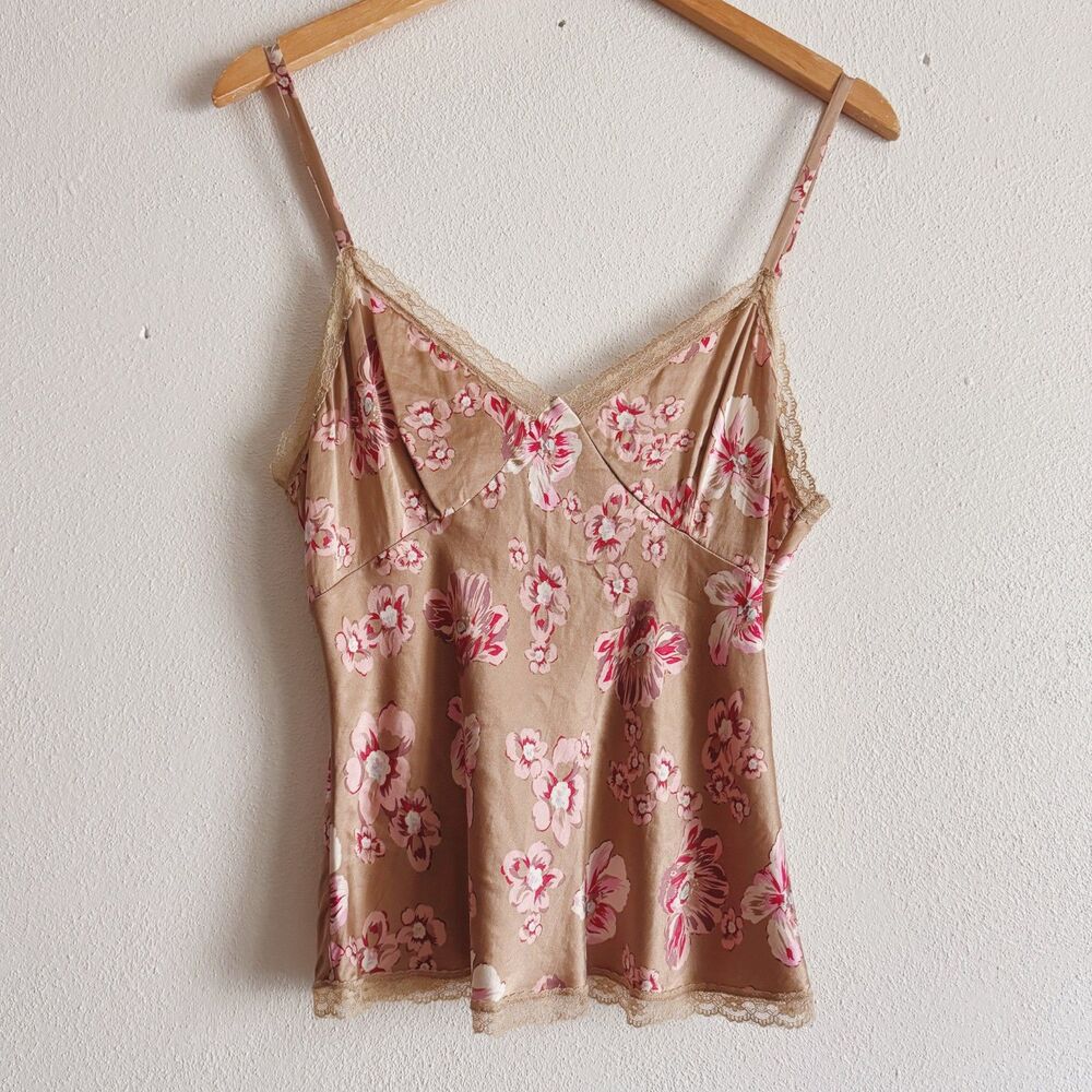 y2k vintage floral silk blend cami w/ lace trim details